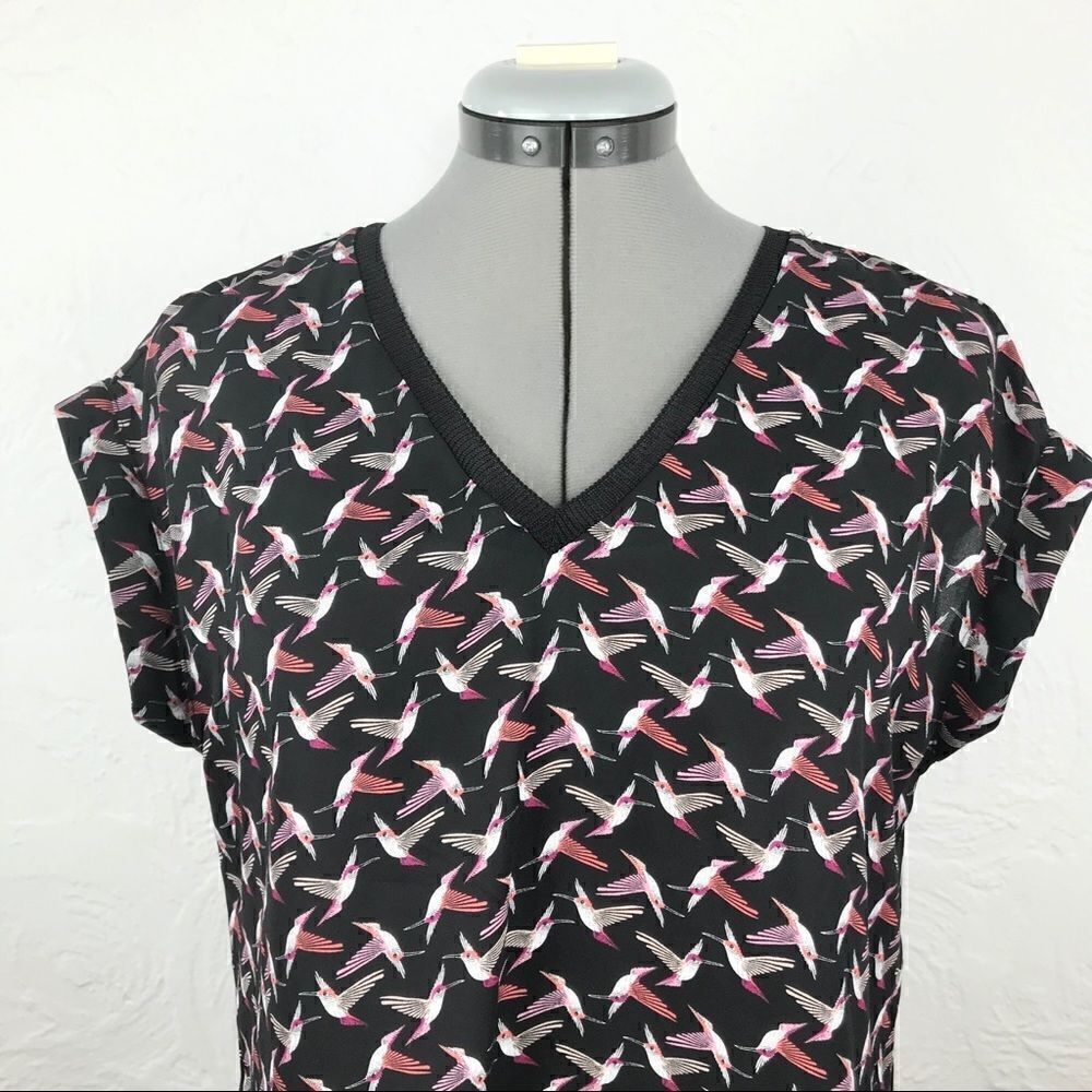 Worthington Black Hummingbird Print V Neck Blouse